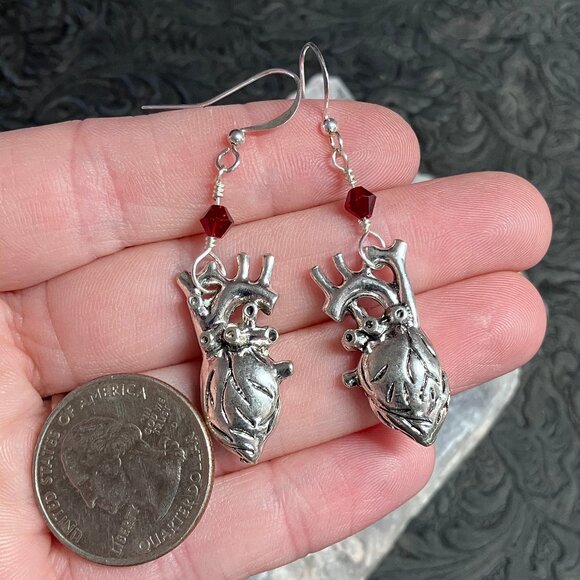 Anatomical Heart and Red Bead Handmade Earrings - Picture 6 of 6